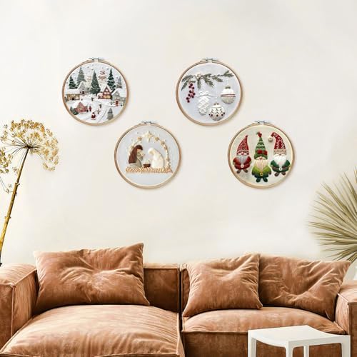 LB Christmas Embroidery Kit for Beginners: 4-Piece Cross Stitch Set with Green Plant, White Snowflake & Gnomes | Adults DIY Starter Kit Includes Hoop, Threads and Tools