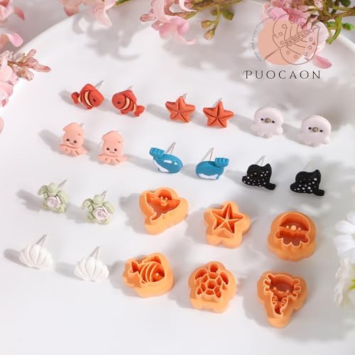 Puocaon Coastal Polymer Clay Cutters - 15 Pcs Small Stud Sea Creature Clay Cutters for Polymer Clay Earrings, Sea Life Ocean Animal Starfish Seahorse Ray Clay Jewelry Cutters