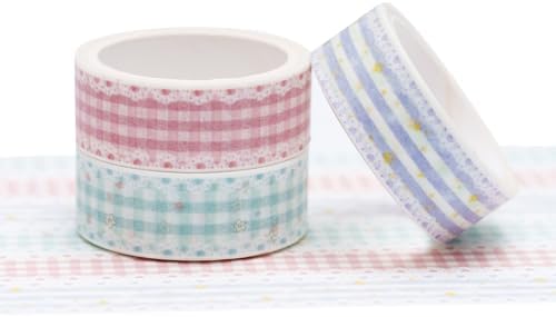 YUBBAEX Cute Printed Washi Tape 3 Rolls Japanese-Style Masking Tape Set Decorative for Arts, DIY Crafts, Journal Supplies, Planners, Scrapbook, Card/Gift Wrapping (Lace Checkered)