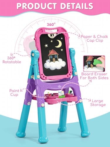 Lehoo Castle Easel for Kids 3-5, Magnetic Chalkboard Whiteboard(Pink)