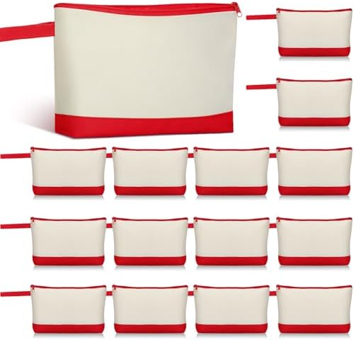 Silkfly 15 Pcs Cotton Canvas Makeup Bags Cosmetic Zipper Bags 10.2 x 5.5 x 2'' Blank DIY Pouch Bulk Pencil Case with Bottom Travel Toiletry Pouch for Women Craft Decor Gift (Beige and Red)