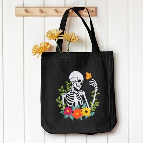 Louise Maelys Halloween Embroidery Kit Canvas Tote Bag, Skull Floral