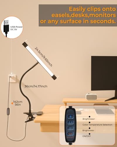 Clip-On Easel Lights for Painting,7W Artist Lamp,3 Color Modes,10 Brightness Levels,Flexible Gooseneck Clip Light for Easel,Desk,Piano,Monitor,USB Powered & No Battery(Adapter Not Included)