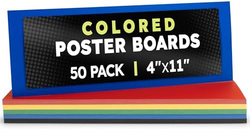 Hygloss Small Colored Poster Board 4x11 - 50 Assorted Standard Color Bulk Pack - Red, Yellow, Green, Blue, Black - 10 Pt. Thickness Poster Board Paper - Posterboard Multipack 4" x 11"
