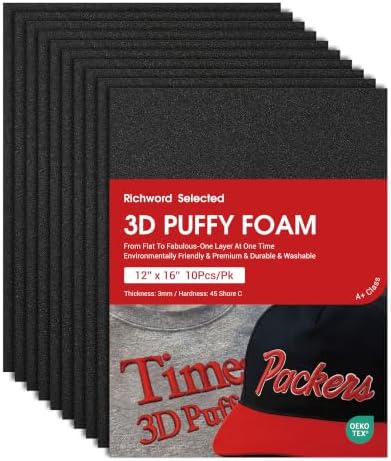 Poolin 3D Puff Embroidery Foam 3mm, 12x16 Inch, 10 Sheets, Black