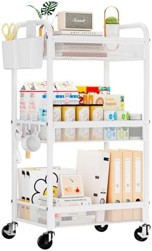 YASONIC 3 Tier Metal Rolling Cart, White Utility Storage Cart with Wheels | Metal Mesh Craft Cart With Hooks & Hanging Cups, Ideal For Kitchen, Bathroom, Office, Dorm, Art Workspace, Bedside Storage