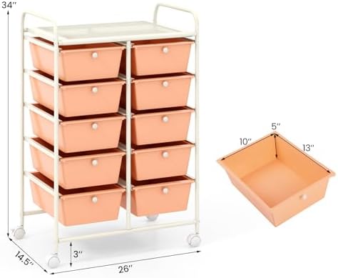 Giantex 10 Drawers Rolling Cart, Classroom Organizers, Storage Cart with Wheels, for Teacher Office Home School Supplies Tool Craft Art Paper, Peach Fuzz