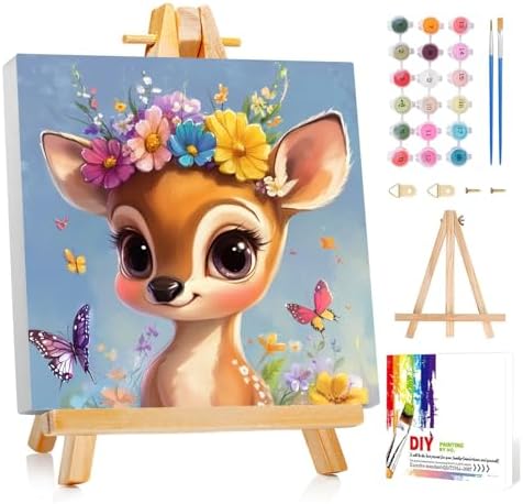 Reivworl Deer Paint by Numbers Kit for Kids with Frame 8×8 inch