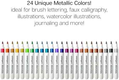KINGART 24 Metallic Colors Acrylic Paint Markers, Brush Tip Pens for Stone, Wood, Calligraphy, Canvas, Ceramic, Metal, Glass, Rock Painting, DIY Crafts Art Supplies Kit
