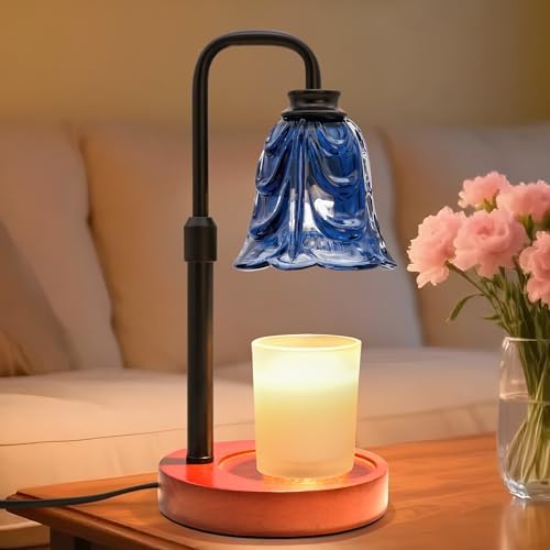 XJZJY Blue Flower Candle Warmer Lamp with Timer, Birthday Gifts for Women | Dimmable wax melt warmer with 2 bulbs for jar candles, height adjustable, Blue tulip design, home decor, housewarming gifts