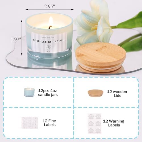 12 Pcs 4 oz Blue Glass Candle Jars with Lids& Labels for Candle Making