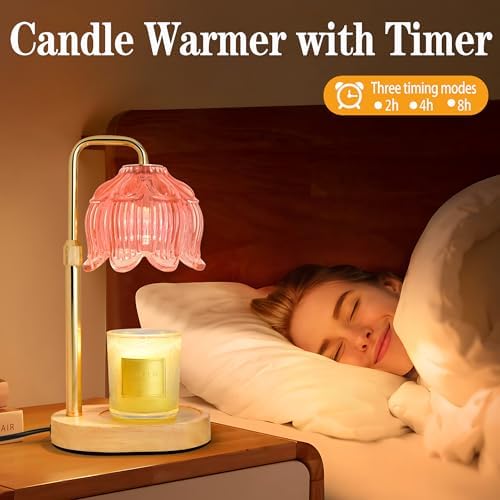 XJZJY Pink Flower Candle Warmer Lamp with Timer, Birthday Gifts for Women | Dimmable wax melt warmer with 2 bulbs for jar candles, height adjustable, lotus flower lamp, home decor, housewarming gift