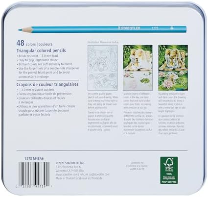 Staedtler Colored Pencils, Triangular Barrel, 48 Pack Assorted, Metal Tin 1278 M48