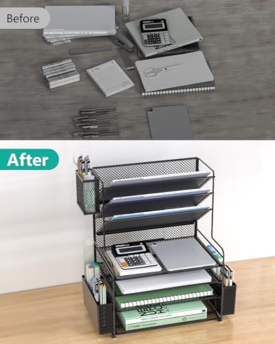 WALI Desk File Organizer, 7 Tier Desktop Paper Letter Tray Organizer with Drawer and 3 Pen Holders, Office Desk Accessories & Workspace Organizers for Office, Home, School Supplies, 1 Pack, Black