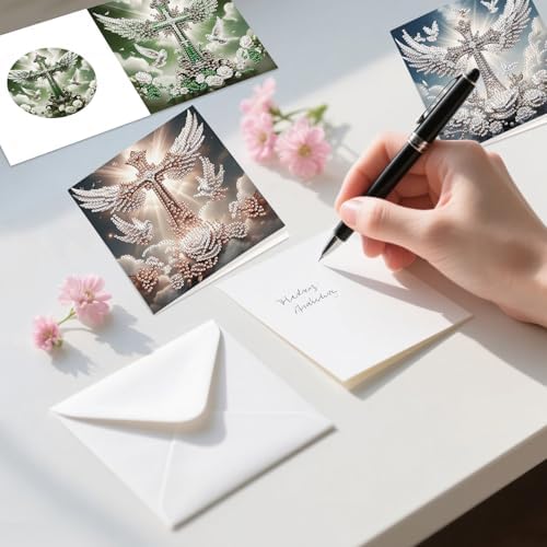 6 Pack Diamond Painting Greeting Cards with Envelopes, DIY 5D Diamond Art Card Kit Winged Cross Designs, 30x15cm Handmade Religious Cards Crafts for Spiritual Blessings and Faithful Greetings