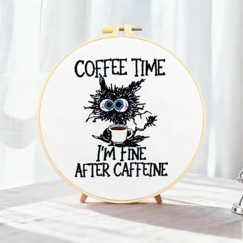 Cute Cat Embroidery Kits for Beginners Adults, Coffee Hand Embroidery Starter Kit, Stamped Cross Stitch Kits for Beginners Adult Craft Kit for Women, Entire Set of Embroidery Supplies & Video Tutorial