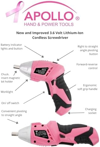 Apollo Tools 135 Piece Household Pink Hand Tools Set with Pivoting Dual-Angle 3.6 V Lithium-Ion Cordless Screwdriver - DT0773N1