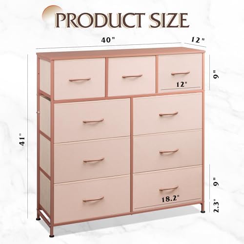 WLIVE Tall Dresser for Bedroom, 9 Drawer Chest of Drawers, Pink | 9 roomy fabric drawers, Tall storage design, Bedroom or closet use, Sturdy steel frame, Smooth wood tabletop