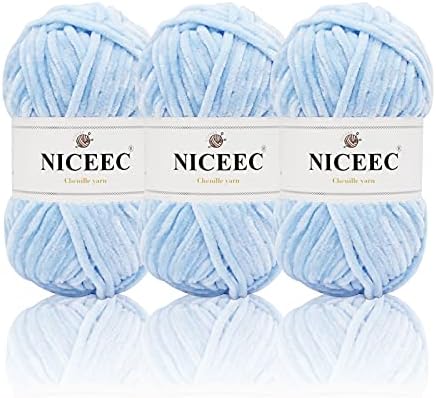 NICEEC 3 Skeins Soft Chenille Yarn 3 x85m (3X 93yds, 3X 50g)_Light Blue