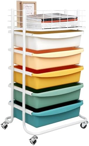 Rolling Storage Utility Cart Organizers with 5 Drawers and Metal Tabletop