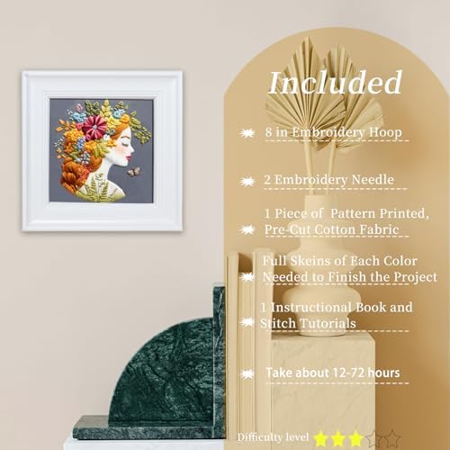 FONNUY Floral Women Embroidery Kit for Beginners, Colorful Long Hair Girl Pre-Stamped Pattern Kits for Adults with Hoop, Thread Needlework, 8'' Hoop (Gold)