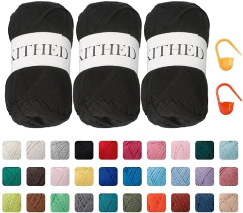 Cotton Chainette Yarn,4 Medium (Worsted)-50% Cotton 50% Polyester-10oz,3 Pack,Knitting Yarn for Beginners,Thicker for Crocheting and Knitting (04 Black)