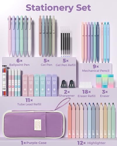 Four Candies 56PCS School Supplies with Pencil Case, Stationery Set, Purple