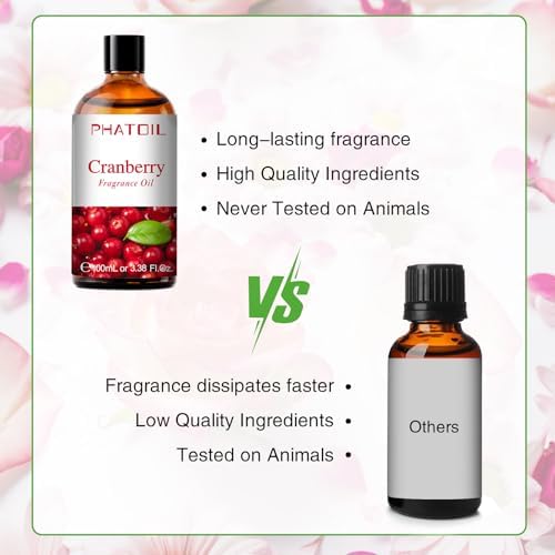 PHATOIL Cranberry Fragrance Oil for Diffuser Aromatherapy 3.38FL.OZ | Long Lasting Scented Oils For Humidifier, Air Freshener, DIY Soap Candle, Scent Project Making, Aroma Oil for Home Freshening