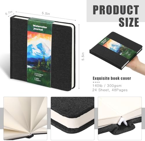 2 Pcs 5.5in Watercolor Sketchbook Journal Square Watercolor Notebook Black