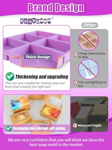 Silicone Soap Molds Set of 3, with 10 Soap Boxes for Homemade Soap,DIY Rectangle Soap Molds for Soap Making, 6 Cavity Mold for Craft Soap Mold, Chocolate & Ice Cube Trays(Blue, Purple & Pink)