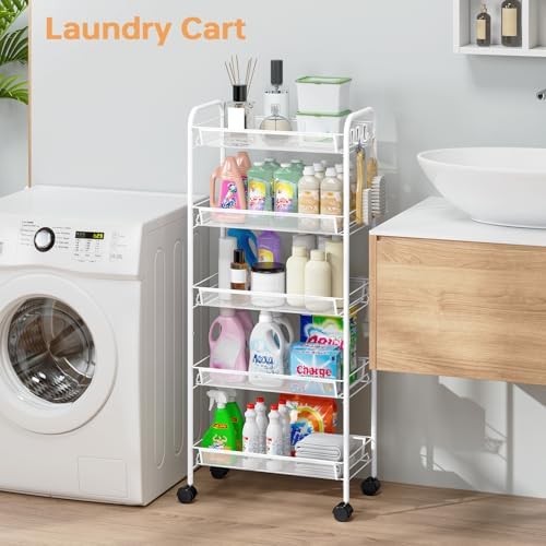 TOOLF 5 Tier Rolling Cart, Metal Utility Storage Cart with Wheels, White | 3 Hooks, Screwless Assembly, Trolley Organizer for Bathroom, Kitchen, Office, Nursery, Dorm, Laundry Room