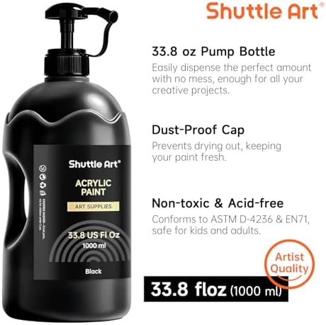 Shuttle Art Black Acrylic Paint, 33.8oz/1000ml Large Capacity Pump Bottle with Cover, High Coverage True Black, Fast Drying Non-Toxic Art Paint for Artists, Students, Kids & DIY Crafts