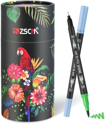 ZSCM 48 Colors Markers for Adult Coloring Books No Bleeding - Duo Tip Pens | Fine & Brush Coloring Marker for Adult Calligraphy, Illustration, Cards Drawing, Note taking Lettering, Journaling
