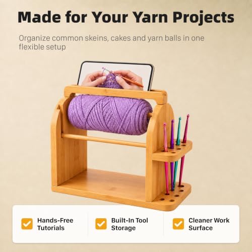 Crochet Yarn Holder with Phone Stand, Dual Rods & 14 Crochet Hooks