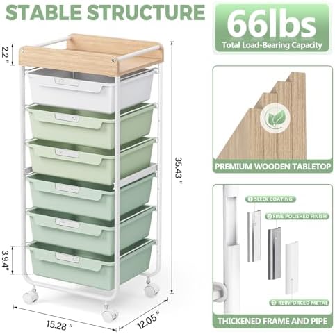 SYKIARIOL Rolling Cart with 6 Drawers,Art Craft Organizer and Storage,Green