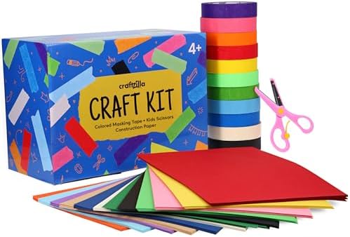 Craftzilla Arts and Crafts Kit for Kids – 11 Colored Masking Tape Rolls, 240 Sheets Construction Paper Assorterd Colors, Kid-Safe Scissors – All-in-One Kids Art Supplies Set - Arts and Craft Supplies