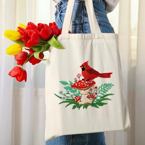 Louise Maelys Embroidery Kit, Cardinal Mushroom Canvas Tote Bag Craft Set