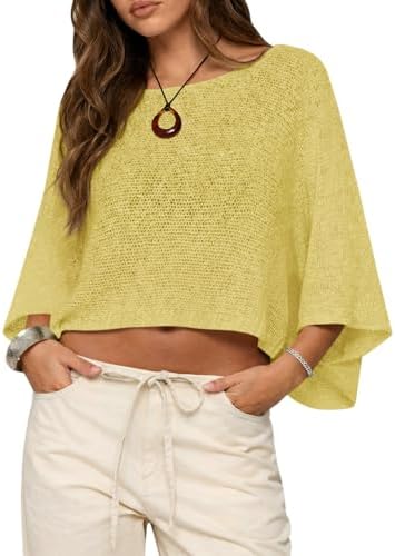 Saodimallsu Womens Crochet Cover Ups Batwing Sleeve Sweater Crop Tops Lightweight Summer Boho Knit Sheer Poncho Top