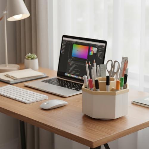 Jekelife 360 Degree Rotating Pen Holder,5-Compartment Desk Organizer,Beige