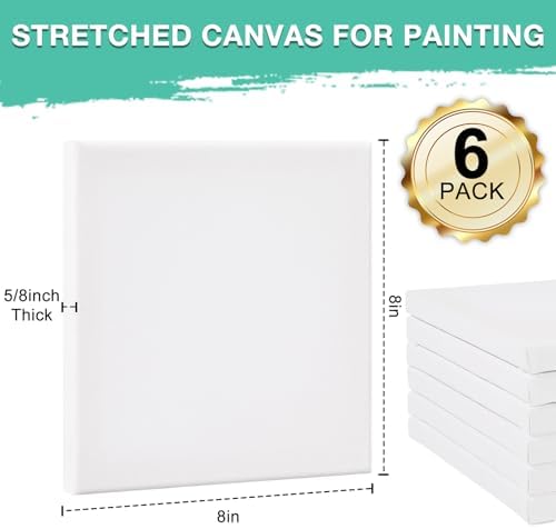ESRICH Stretched Canvas, 6 Pack 8x8, Primed Acid-Free, Wood Framed Blank Canvas, Art Canvases for Beginners, Artists, Used for Oil, Acrylic Paint, Pouring Painting