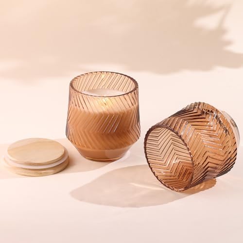 6 Pcs 13.5 OZ Terracotta Large Candle Jars for Making Candles, Ribbed Unique Candle Jars, Glass Jars with Wooden Lids and Labels for Candle Making Supplies, Container, Gift