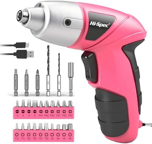 Hi-Spec Small Electric Screwdriver, Mini Drill Set, Rechargeable 3.6V Cordless Screwdriver with 26 Driver Bits, Power Tool for Small Projects & Home Use, Pink | 27pc, Speeds furniture assembly, comfortable cordless control, LED work light, USB charging...