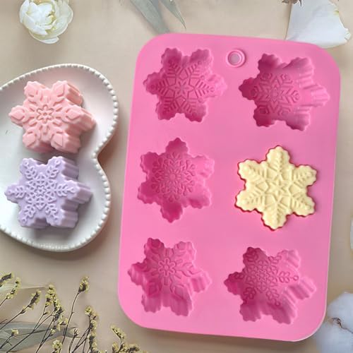 2 Pcs Snowflake Silicone Candle Soap Molds for Christmas Baking Chocolate Candy Cake Pan Cookie Jelly Muffin Ice Cube Trays Baking Moulds DIY Bath Bomb Molds Decoration (Blue Pink)