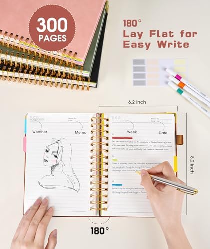 Hardcover Spiral Notebook journal with Removable Dividers Tabs, 300 Pages Leather 5 Subject Notebook College Ruled,A5 Notebooks for Work School Note taking,Lined Journal for Women,A5 Light Brown