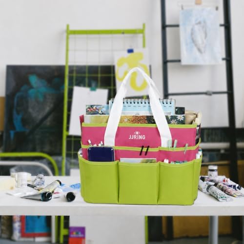 JJRING Craft Organizer Tote Bag Large Art Storage Caddy Bright Green&Red | With Multiple Pockets For Sewing, Scrapbooking, School, Medical, And Office Supplies