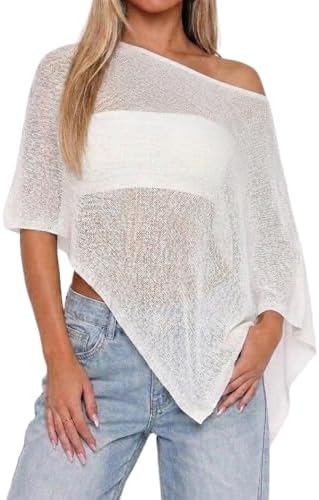 Womens Sheer Poncho Tops Lightweight Knitted Shrug Crochet Mesh Cover Up Summer Beach Shawl