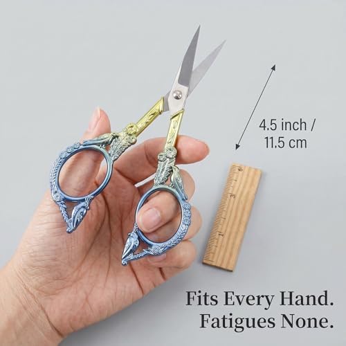 Crochet Scissors with Cover – Blue Gold Vintage Small Embroidery Scissors, Sharp Craft Scissors for Yarn Thread Sewing Needlework, Cute Bird Design Gift for Crocheter Quilter, 4.5 Inch