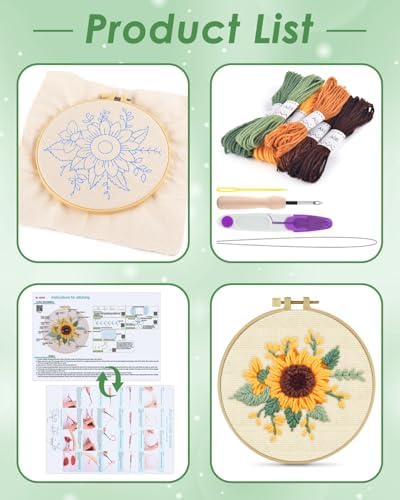 ERKOON Punch Needle Kit Beginners Adults, DIY Easy Flower Embroidery Set for Starter Art Craft, Needling Punching Project with Patterns, Tools, Yarns, Hoop, Instruction (Yellow Flowers)