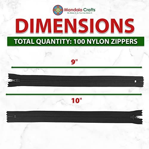 Mandala Crafts 100 PCs Assorted Closed-End 9 Inch Nylon Zippers for Sewing