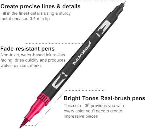 Markers for Adult Coloring Books No Bleeding_36 Brush Tip Markers | Dual Tip Markers with Brush Pen & Fine Tip Markers for Journaling, Calligraphy, Sketching, Coloring Markers for Adults.